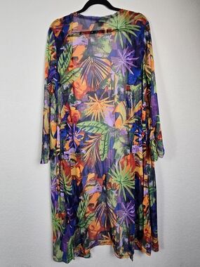 Plus Size Tropical Palm Kimono Duster Sheer Beach Cover Up Boho Resort 3X Flowy